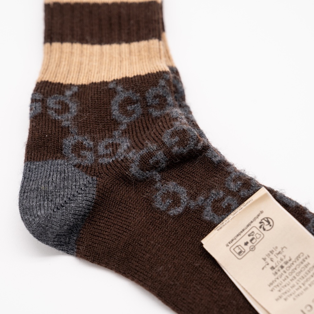 size M Gucci GG Logo  Cotton Blend Long Socks Brown Striped - Picture 3 of 7